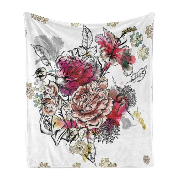 Floral Soft Flannel Fleece Blanket, Romantic Rose Petals Bouquet Bridal Wedding Themed Nostalgic Blooms in Mixed Colors, Cozy Plush for Indoor and Outdoor Use, 50" x 70", Multicolor, by Ambesonne