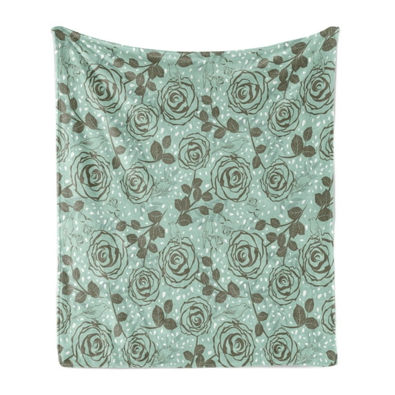 Floral Soft Flannel Fleece Blanket, Romantic Season Inspirations with Roses Birds on Tree Branches Summer Design, Cozy Plush for Indoor and Outdoor Use, 50" x 60", Seafoam Sage Green, by Ambesonne