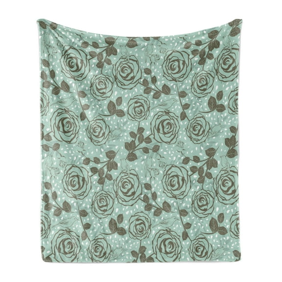 Floral Soft Flannel Fleece Blanket, Romantic Season Inspirations with Roses Birds on Tree Branches Summer Design, Cozy Plush for Indoor and Outdoor Use, 70" x 90", Seafoam Sage Green, by Ambesonne