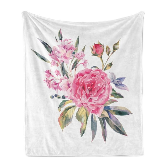 Floral Soft Flannel Fleece Blanket, Romantic Watercolor Bouquet with Buds of Roses and Wildflowers Vintage Botany Theme, Cozy Plush for Indoor and Outdoor Use, 60" x 80", Multicolor, by Ambesonne