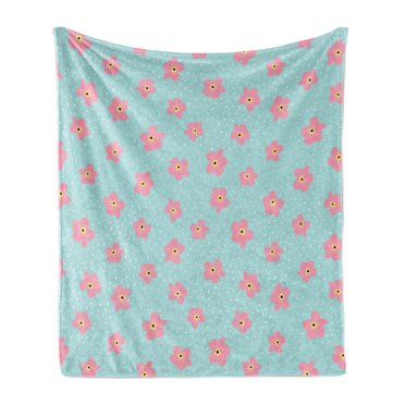 Floral Soft Flannel Fleece Blanket, Scattered Rain Drops and Cherry Blossom Flowers on Aquatic Background, Cozy Plush for Indoor and Outdoor Use, 70" x 90", Seafoam Pink Pale Orange, by Ambesonne