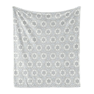 Floral Soft Flannel Fleece Blanket, Scroll Style Pattern with Curled Leaf Motifs Abstract Modern Mosaic Tile, Cozy Plush for Indoor and Outdoor Use, 70" x 90", Black Blue and White, by Ambesonne