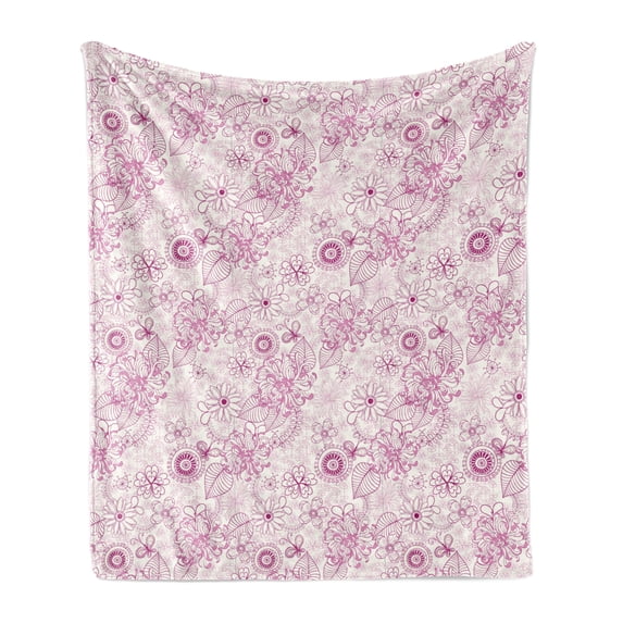 Floral Soft Flannel Fleece Blanket, Shabby Form Vintage Flower Motifs in Soft Toned Essence Beauty Nature Design, Cozy Plush for Indoor and Outdoor Use, 50" x 60", Fuchsia Pale Pink, by Ambesonne