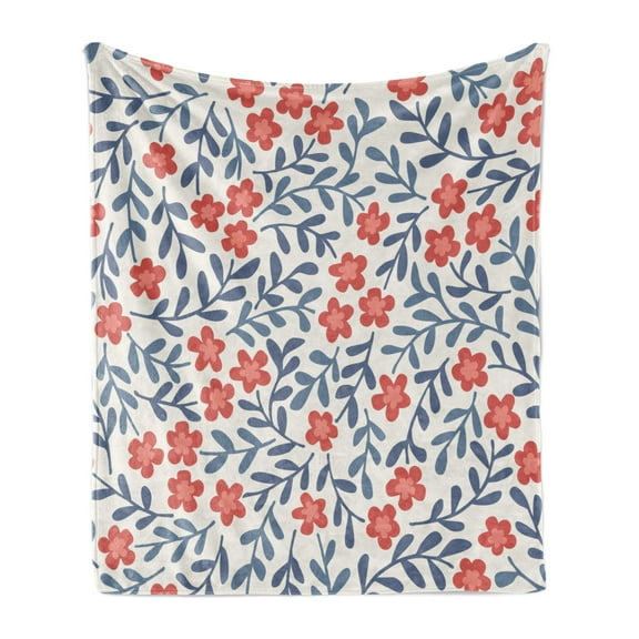 Floral Soft Flannel Fleece Blanket, Spring Imagery with Warm Vintage Colors Leaves Ornamental Floral Design, Cozy Plush for Indoor and Outdoor Use, 50" x 70", Cadet Blue Coral Cream, by Ambesonne