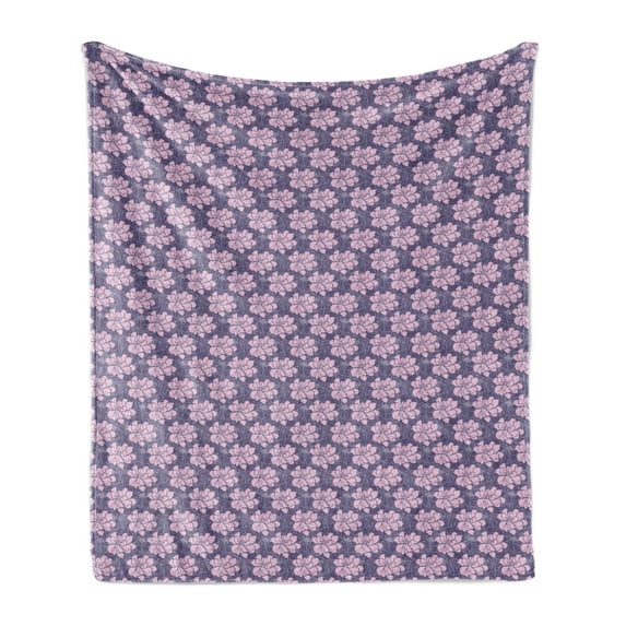 Floral Soft Flannel Fleece Blanket, Spring Print of Aster Flowers and Silhouettes in Repetitive Pattern, Cozy Plush for Indoor and Outdoor Use, 70" x 90", Dark Indigo and Baby Pink, by Ambesonne
