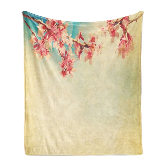 Floral Soft Flannel Fleece Blanket, Spring Sakura Flower on Sun Sky Vintage Color Toned Abstract Nature Theme Print, Cozy Plush for Indoor and Outdoor Use, 70" x 90", Beige Pink Teal, by Ambesonne