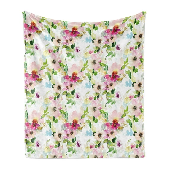 Floral Soft Flannel Fleece Blanket, Spring Season Flowers Leaves Pastel Watercolors Hand Painted Vintage Romantic, Cozy Plush for Indoor and Outdoor Use, 60" x 80", Pink Purple Green, by Ambesonne