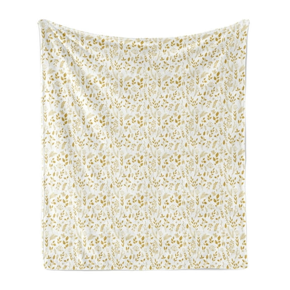 Floral Soft Flannel Fleece Blanket, Spring Season Nature Illustration with Monochrome Flowers and Foliage Leaves, Cozy Plush for Indoor and Outdoor Use, 50" x 60", Earth Yellow White, by Ambesonne