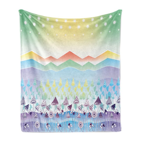 Floral Soft Flannel Fleece Blanket, Star Sky Spring with Fractal Mountain Range Botanic Flower Field Illustration Print, Cozy Plush for Indoor and Outdoor Use, 50" x 60", Multicolor, by Ambesonne