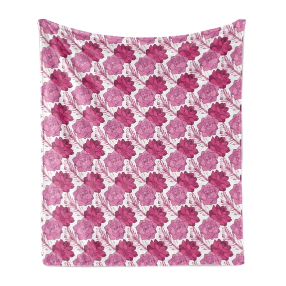 Floral Soft Flannel Fleece Blanket, Succulent Botanical Lotus Blossom Yoga Flora Foliage Exotic Illustration, Cozy Plush for Indoor and Outdoor Use, 70" x 90", Magenta Pink and White, by Ambesonne