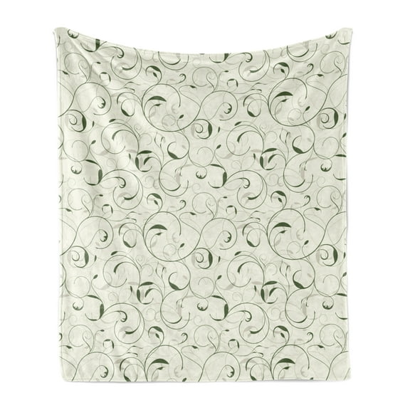 Floral Soft Flannel Fleece Blanket, Swirly Leafage Branches Curling Growth of Season Foliage Botanical Scroll, Cozy Plush for Indoor and Outdoor Use, 50" x 70", Hunter Green Eggshell, by Ambesonne