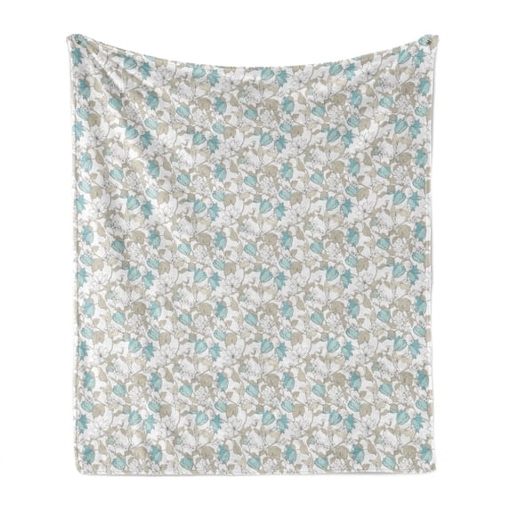 Floral Soft Flannel Fleece Blanket, Soft Tone Hand Drawn Like White Flowers Pointy Petals Repetitive Pattern, Cozy Plush for Indoor and Outdoor Use, 50" x 70", Turquoise Grey Yellow, by Ambesonne
