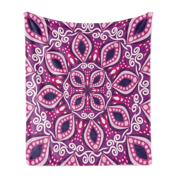 Floral Soft Flannel Fleece Blanket, Trippy Flower Motif with Modern Lace Effects and Dots Victorian Swirls Print, Cozy Plush for Indoor and Outdoor Use, 50" x 60", Magenta Pink Plum, by Ambesonne