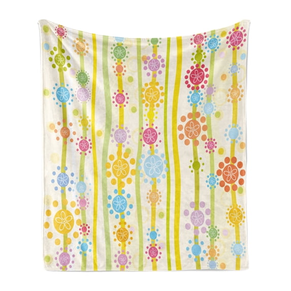 Floral Soft Flannel Fleece Blanket, Vertical Lines with Colorful Cartoon Style Flowers and Dots Kids Girls Fun Children, Cozy Plush for Indoor and Outdoor Use, 60" x 80", Multicolor, by Ambesonne