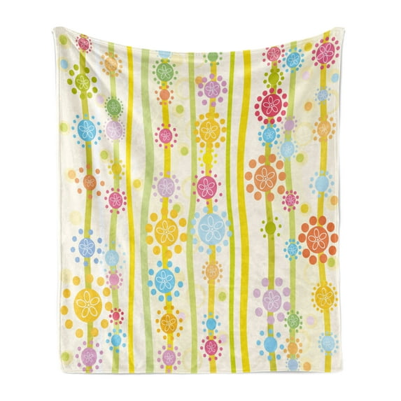 Floral Soft Flannel Fleece Blanket, Vertical Lines with Colorful Cartoon Style Flowers and Dots Kids Girls Fun Children, Cozy Plush for Indoor and Outdoor Use, 70" x 90", Multicolor, by Ambesonne