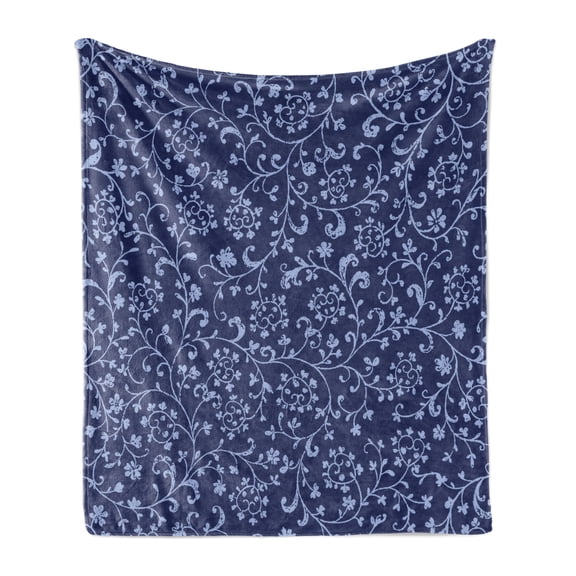 Floral Soft Flannel Fleece Blanket, Victorian Baroque Style Classic Swirled Flowers with Damask Effects Pattern, Cozy Plush for Indoor and Outdoor Use, 50" x 70", Indigo Violet Blue, by Ambesonne
