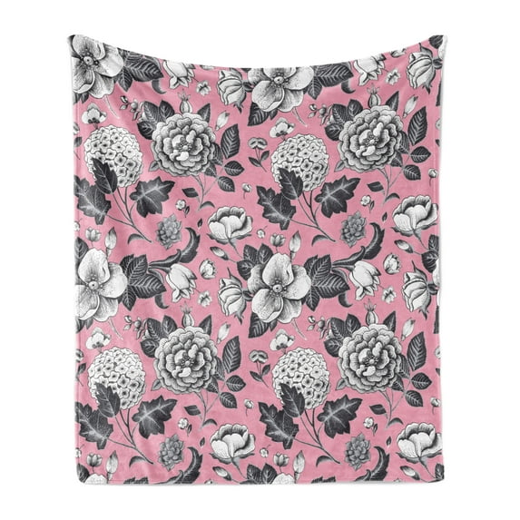 Floral Soft Flannel Fleece Blanket, Vintage Big Garden Flowers with Leaves Tulips Buds Artwork Sketchy Image, Cozy Plush for Indoor and Outdoor Use, 50" x 60", Coral Black and White, by Ambesonne