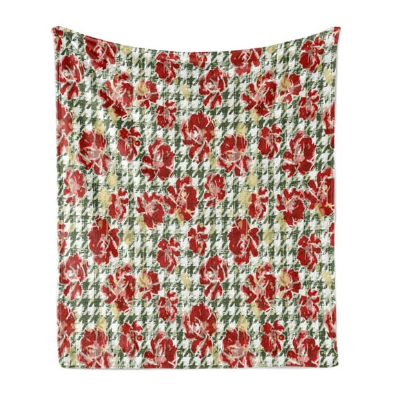 Floral Soft Flannel Fleece Blanket, Vintage Classic with Scottish Houndstooth Vivid Rose Florets Feminine Pattern, Cozy Plush for Indoor and Outdoor Use, 50" x 70", Hunter Green Ruby, by Ambesonne