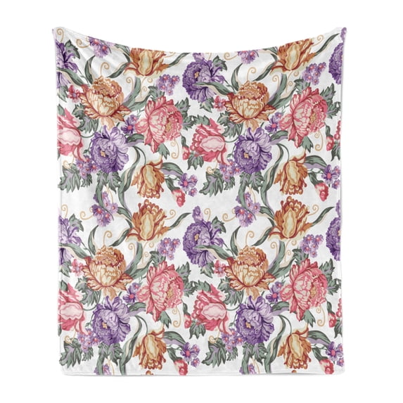 Floral Soft Flannel Fleece Blanket, Vintage Colorful Flowers and Curls on White Background Romantic Spring Pattern Print, Cozy Plush for Indoor and Outdoor Use, 50" x 60", Multicolor, by Ambesonne