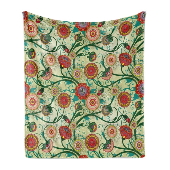Floral Soft Flannel Fleece Blanket, Vintage Colorful Ornamental Flowers and Leaves Fresh Spring Nature Art Illustration, Cozy Plush for Indoor and Outdoor Use, 50" x 70", Multicolor, by Ambesonne