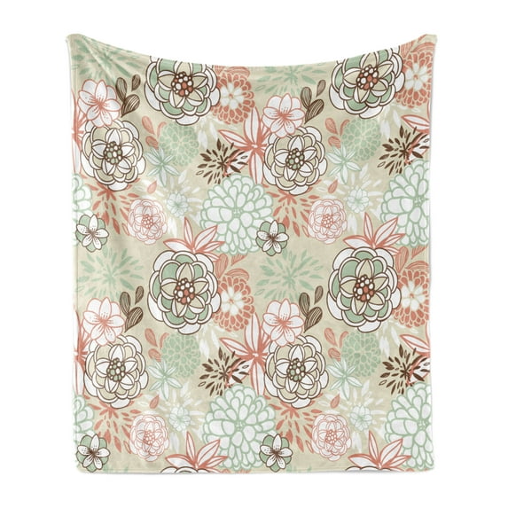 Floral Soft Flannel Fleece Blanket, Vintage Romantic Wildflowers in Various Kinds Doodle Drawing Style Love, Cozy Plush for Indoor and Outdoor Use, 50" x 60", Pale Green Brown Peach, by Ambesonne
