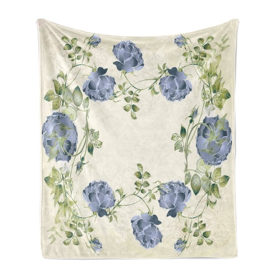 Floral Soft Flannel Fleece Blanket, Vintage Style Roses Leaves Flower Framework Illustration Romantic Retro Design, Cozy Plush for Indoor and Outdoor Use, 70" x 90", Blue Green Cream, by Ambesonne