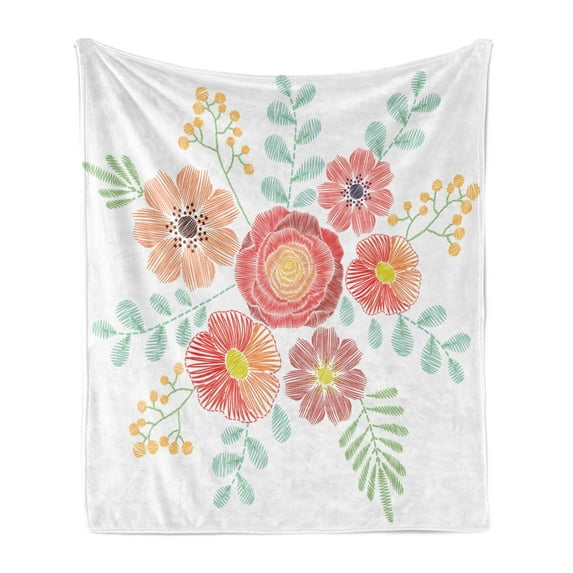 Floral Soft Flannel Fleece Blanket, Vintage Traditional Style Hand Drawn Flowers and Leaves Composition in Pastel Tones, Cozy Plush for Indoor and Outdoor Use, 70" x 90", Multicolor, by Ambesonne