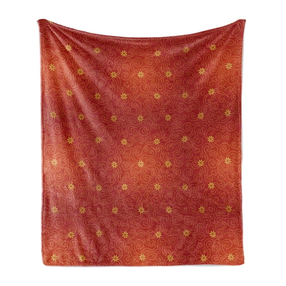 Floral Soft Flannel Fleece Blanket, Warm Toned Blossoms with Dotted Swirly Lines in Baroque Rococo Effects Design, Cozy Plush for Indoor and Outdoor Use, 60" x 80", Paprika Mustard, by Ambesonne
