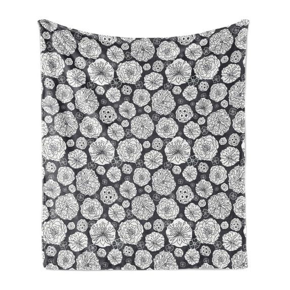 Floral Soft Flannel Fleece Blanket, White Sketchy Hand Drawn Gardening Plants Big Dandelions Flowers Leaves Print, Cozy Plush for Indoor and Outdoor Use, 50" x 60", Black and White, by Ambesonne