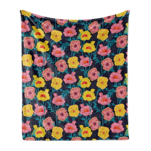 Floral Soft Flannel Fleece Blanket, Wild Meadow Flowers with Dusty Pink and Yellow Tones in Continuous Pattern, Cozy Plush for Indoor and Outdoor Use, 70" x 90", Dark Blue Multicolor, by Ambesonne