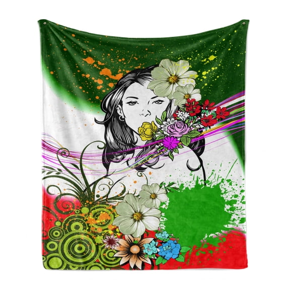 Floral Soft Flannel Fleece Blanket, Woman Behind Tropical Flowers Spirals Hippie Boho Style Grunge Splash Illustration, Cozy Plush for Indoor and Outdoor Use, 70" x 90", Multicolor, by Ambesonne