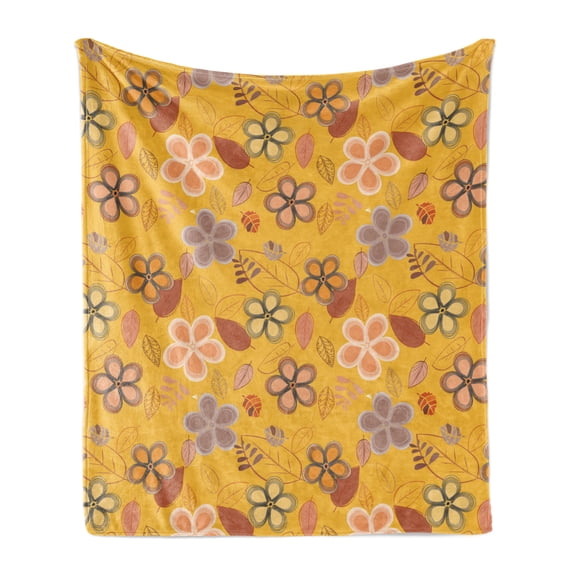 Floral Soft Flannel Fleece Throw Blanket, Abstract Botanical Pattern of Leaves and Hand Drawn Petals Print, Cozy Plush for Indoor and Outdoor Use, 50" x 60", Earth Yellow Multicolor, by Ambesonne