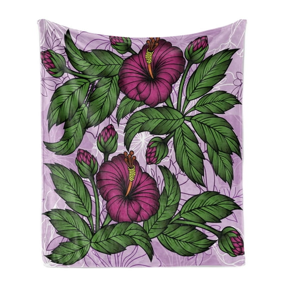 Floral Soft Flannel Fleece Throw Blanket, Abstract Composition of Hibiscus Buds and Blossoms Green Leaves, Cozy Plush for Indoor and Outdoor Use, 60" x 80", Lilac Purple Olive Green, by Ambesonne