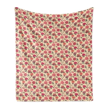 Floral Soft Flannel Fleece Throw Blanket, Abstract Design Flowers and Berries with Leaves on Champagne Backdrop Print, Cozy Plush for Indoor and Outdoor Use, 70" x 90", Multicolor, by Ambesonne