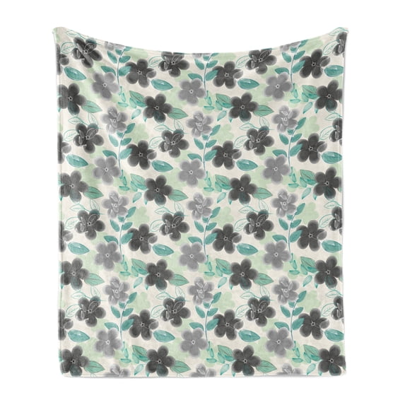Floral Soft Flannel Fleece Throw Blanket, Abstract Nostalgia Pattern with Retro Blooms and Leaves Romantic, Cozy Plush for Indoor and Outdoor Use, 50" x 60", Charcoal Grey Mint Green, by Ambesonne