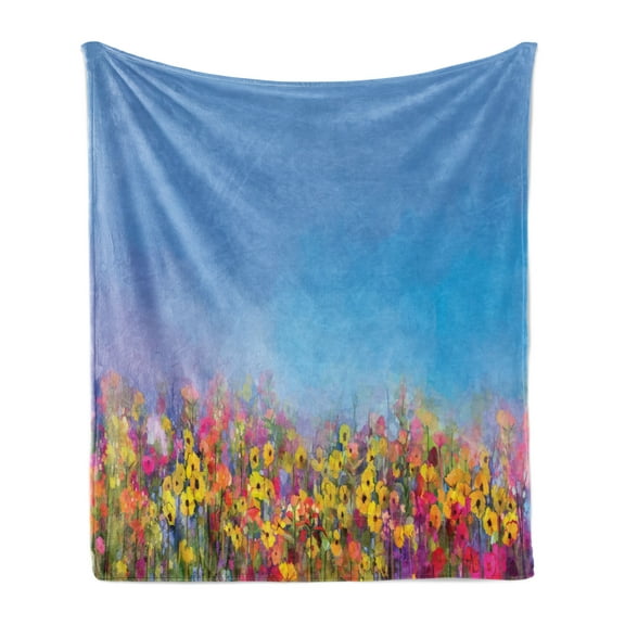 Floral Soft Flannel Fleece Throw Blanket, Abstract Spring Daisy Meadow Flowers Colorful Arrangement Pattern, Cozy Plush for Indoor and Outdoor Use, 50" x 70", Deep Sky Blue Multicolor, by Ambesonne