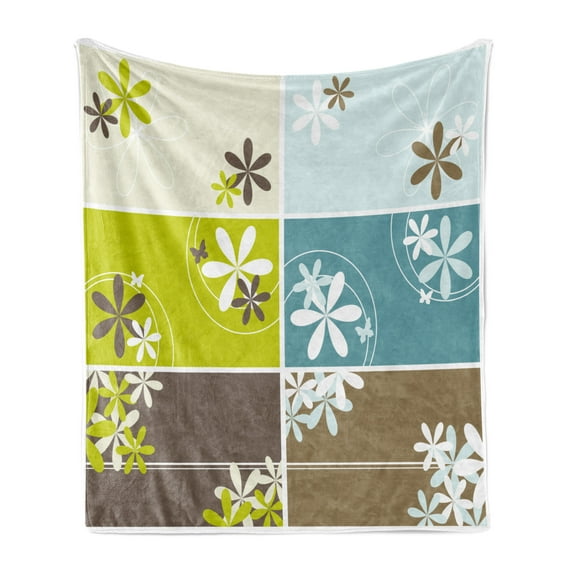 Floral Soft Flannel Fleece Throw Blanket, Abstract Spring Inspired Set with Blossoms and Rectangles Geometric Retro Style, Cozy Plush for Indoor and Outdoor Use, 50" x 70", Multicolor, by Ambesonne