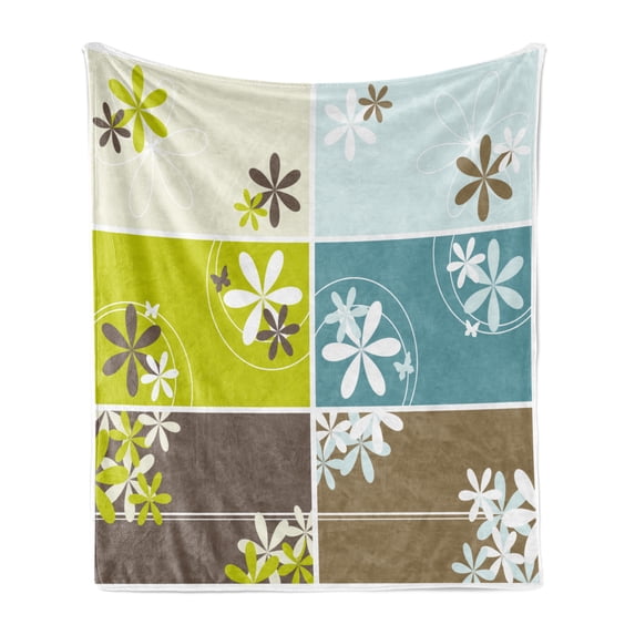 Floral Soft Flannel Fleece Throw Blanket, Abstract Spring Inspired Set with Blossoms and Rectangles Geometric Retro Style, Cozy Plush for Indoor and Outdoor Use, 70" x 90", Multicolor, by Ambesonne