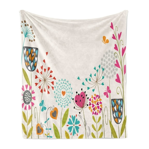 Floral Soft Flannel Fleece Throw Blanket, Absurd Expression of Dandelions with Heart Shaped Flyaway and Butterflies, Cozy Plush for Indoor and Outdoor Use, 50" x 70", Multicolor, by Ambesonne
