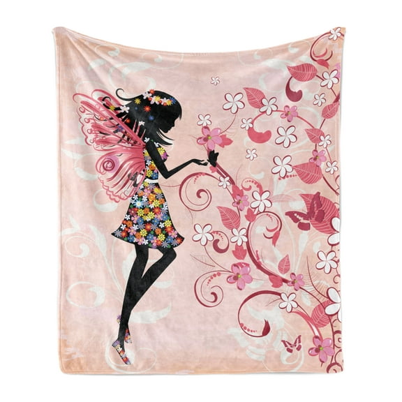 Floral Soft Flannel Fleece Throw Blanket, Angel Girl Silhouette with Blooming Rainbow Colored Flowers on Pastel Backdrop, Cozy Plush for Indoor and Outdoor Use, 50" x 70", Multicolor, by Ambesonne