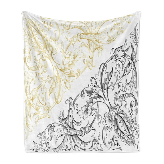 Floral Soft Flannel Fleece Throw Blanket, Floral Arrangement 2 Different Color Palette Flowers Curls Swirls Leaves Petals, Cozy Plush for Indoor and Outdoor Use, 70" x 90", Yellow Black, by Ambesonne