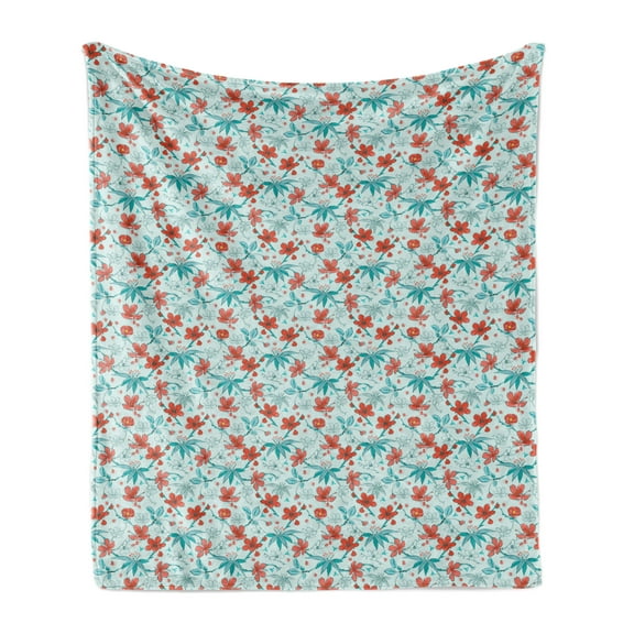 Floral Soft Flannel Fleece Throw Blanket, Artwork of Paintbrush Drawn Flowers on Branches, Cozy Plush for Indoor and Outdoor Use, 70" x 90", Vermilion Pale Blue, by Ambesonne