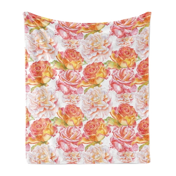 Floral Soft Flannel Fleece Throw Blanket, Artwork of Watercolor Style Blossoming Roses, Cozy Plush for Indoor and Outdoor Use, 70" x 90", Coral Orange White, by Ambesonne