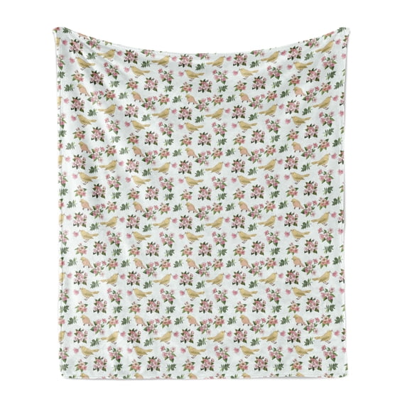 Floral Soft Flannel Fleece Throw Blanket, Birds and Flowers on a Pale Blue Background, Cozy Plush for Indoor and Outdoor Use, 60" x 80", Multicolor, by Ambesonne