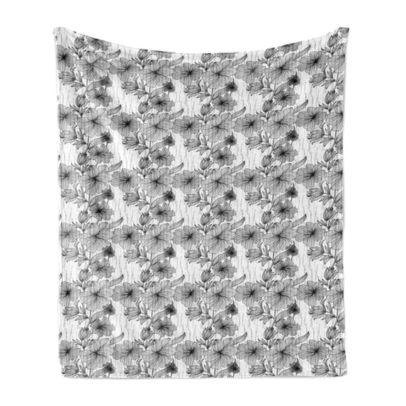Floral Soft Flannel Fleece Throw Blanket, Black and White Hand Drawn Line Art Design Wild Spring Flowers Illustration, Cozy Plush for Indoor and Outdoor Use, 50" x 60", Black and White, by Ambesonne