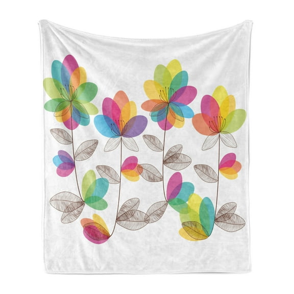 Floral Soft Flannel Fleece Throw Blanket, Blooming Colorful Flowers and Leaves Romantic Flourishing Garden Design Artwork, Cozy Plush for Indoor and Outdoor Use, 50" x 70", Multicolor, by Ambesonne