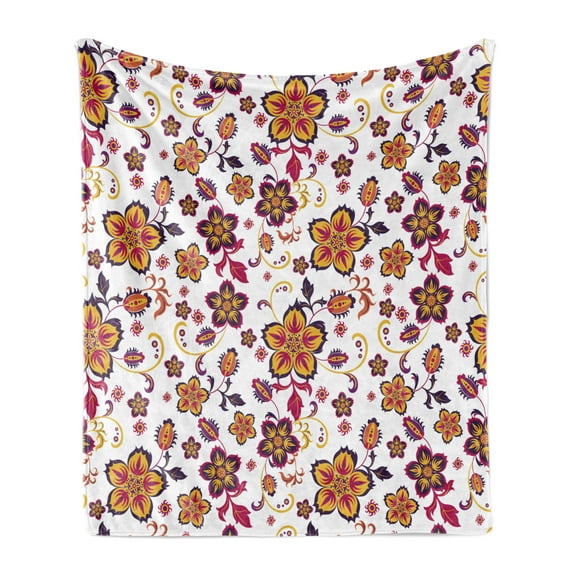 Floral Soft Flannel Fleece Throw Blanket, Blossoming Flowers Pattern in Vibrant Colors Ornamental Design Print, Cozy Plush for Indoor and Outdoor Use, 60" x 80", Yellow Purple Magenta, by Ambesonne