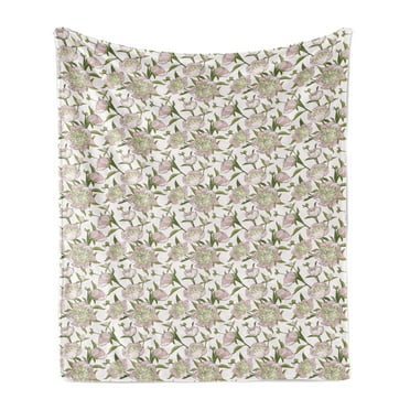 Floral Soft Flannel Fleece Throw Blanket, Blossoming Peony Flowers Pattern on a Plain Background, Cozy Plush for Indoor and Outdoor Use, 70" x 90", Rose Khaki, by Ambesonne