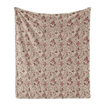 Floral Soft Flannel Fleece Throw Blanket, Blossoming Spring Meadow Pattern in Retro Style with Curly Details, Cozy Plush for Indoor and Outdoor Use, 60" x 80", Tan Coral Maroon, by Ambesonne