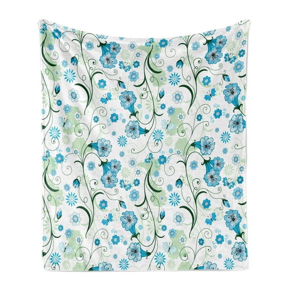 Floral Soft Flannel Fleece Throw Blanket, Blossoming Spring Season Plants with Silhouettes Background, Cozy Plush for Indoor and Outdoor Use, 60" x 80", Pale Blue Pale Green, by Ambesonne